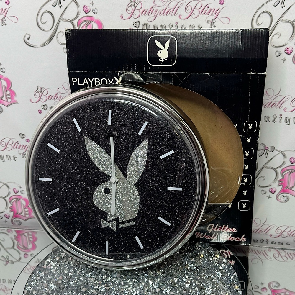 Playboy bunny clock sparkly glitter silver black 2007 new in box hangable rare